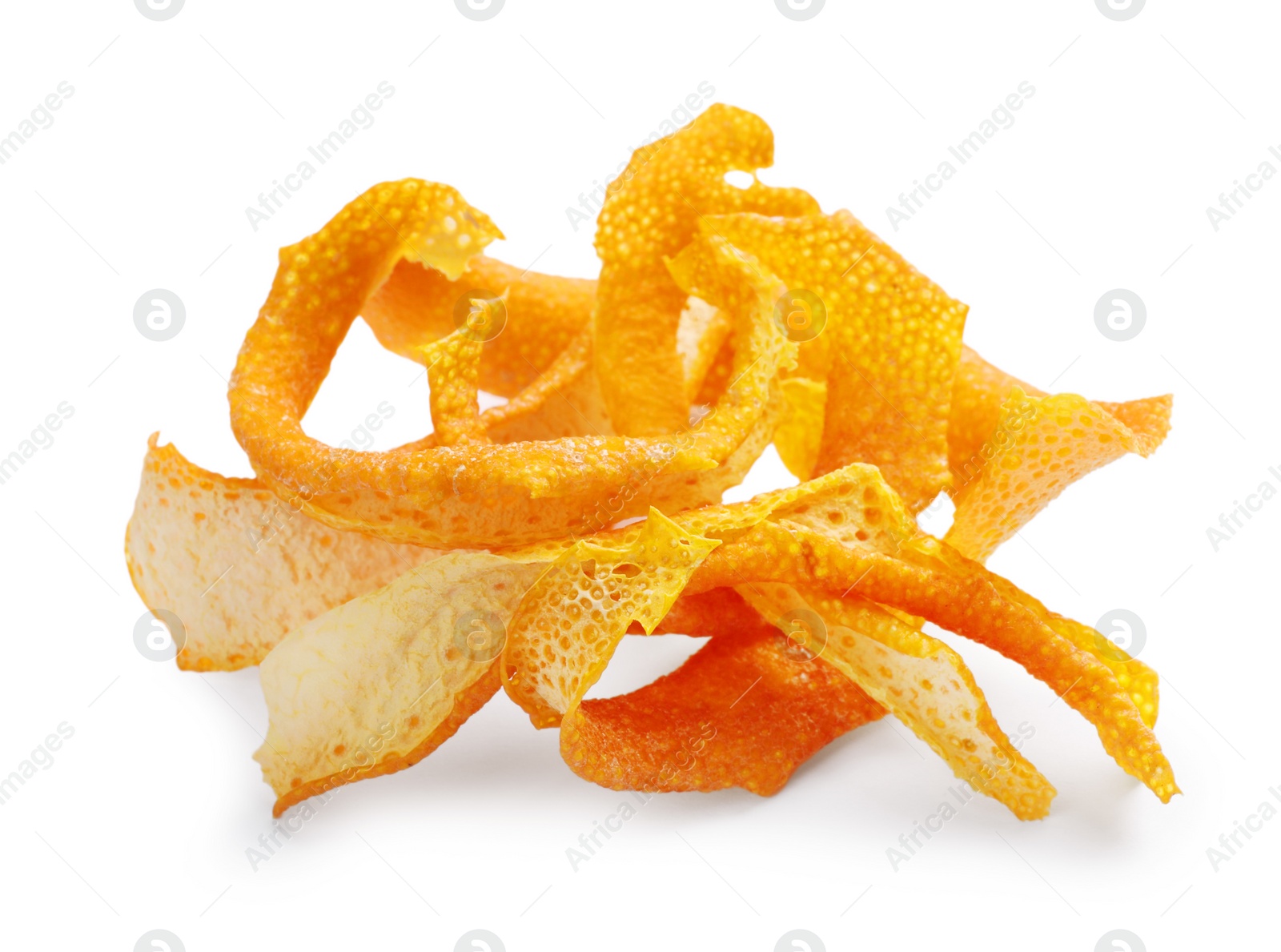 Photo of Pile of dry orange peels on white background