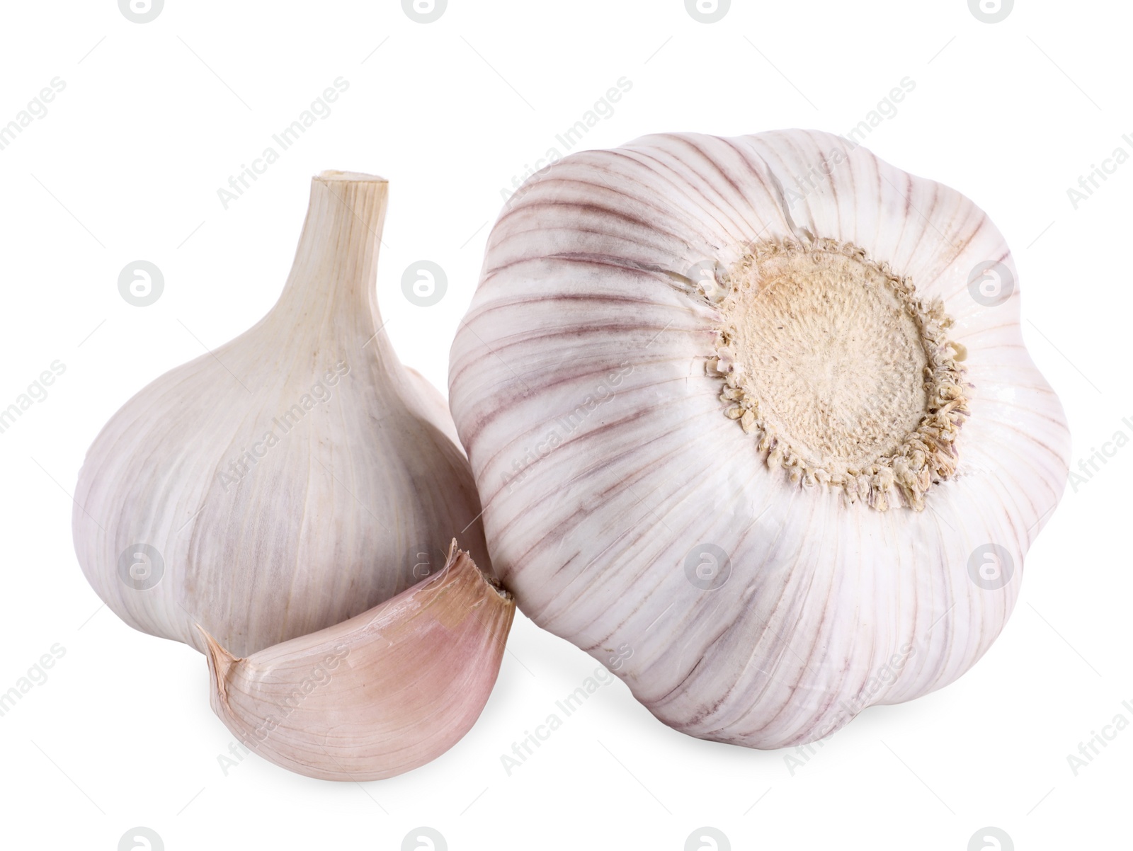 Photo of Heads of fresh garlic and clove isolated on white
