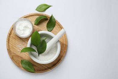 Photo of Composition with bath salt on white background, top view. Spa treatment