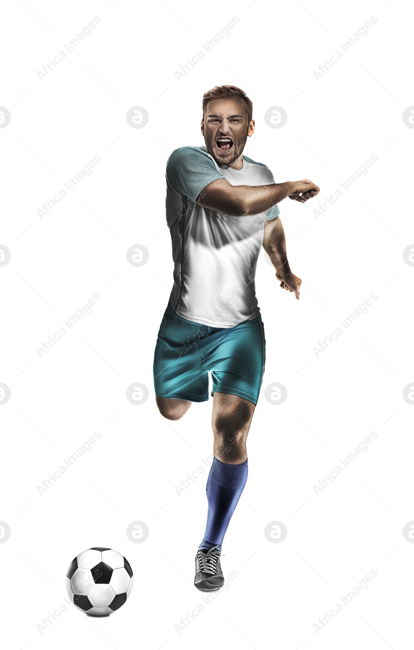 Image of Young emotional football player on white background