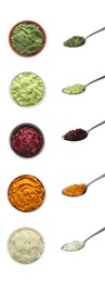 Image of Set with different tasty vegetable puree on white background. Vertical banner design