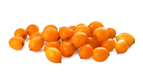 Pile of fresh ripe sea buckthorn berries on white background