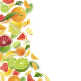 Image of Fresh juicy citrus fruits and green leaves falling on white background