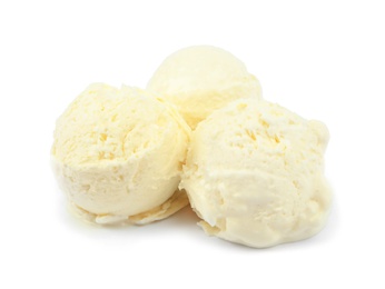 Photo of Balls of delicious vanilla ice cream on white background
