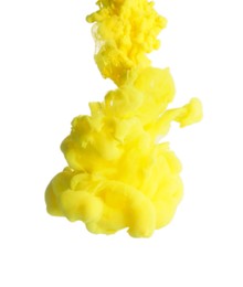 Photo of Splash of yellow ink on light background. Space for text