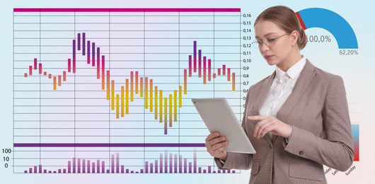 Image of Finance trading concept. Young woman with tablet and charts, banner design