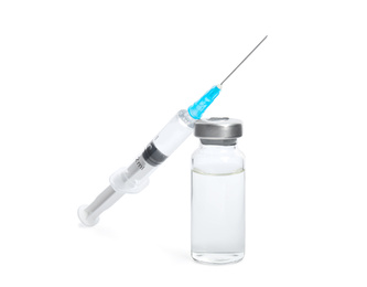 Photo of Vial and syringe on white background. Vaccination and immunization