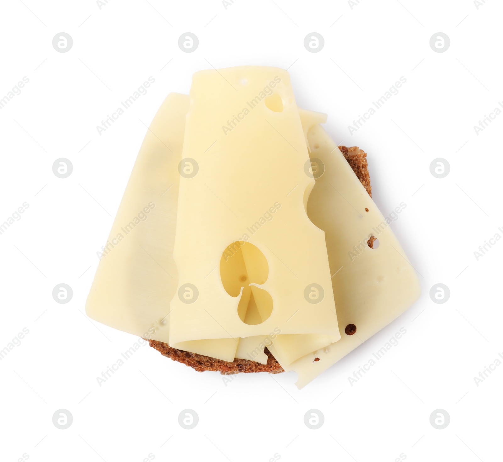 Photo of Tasty sandwich with slices of fresh cheese isolated on white, top view