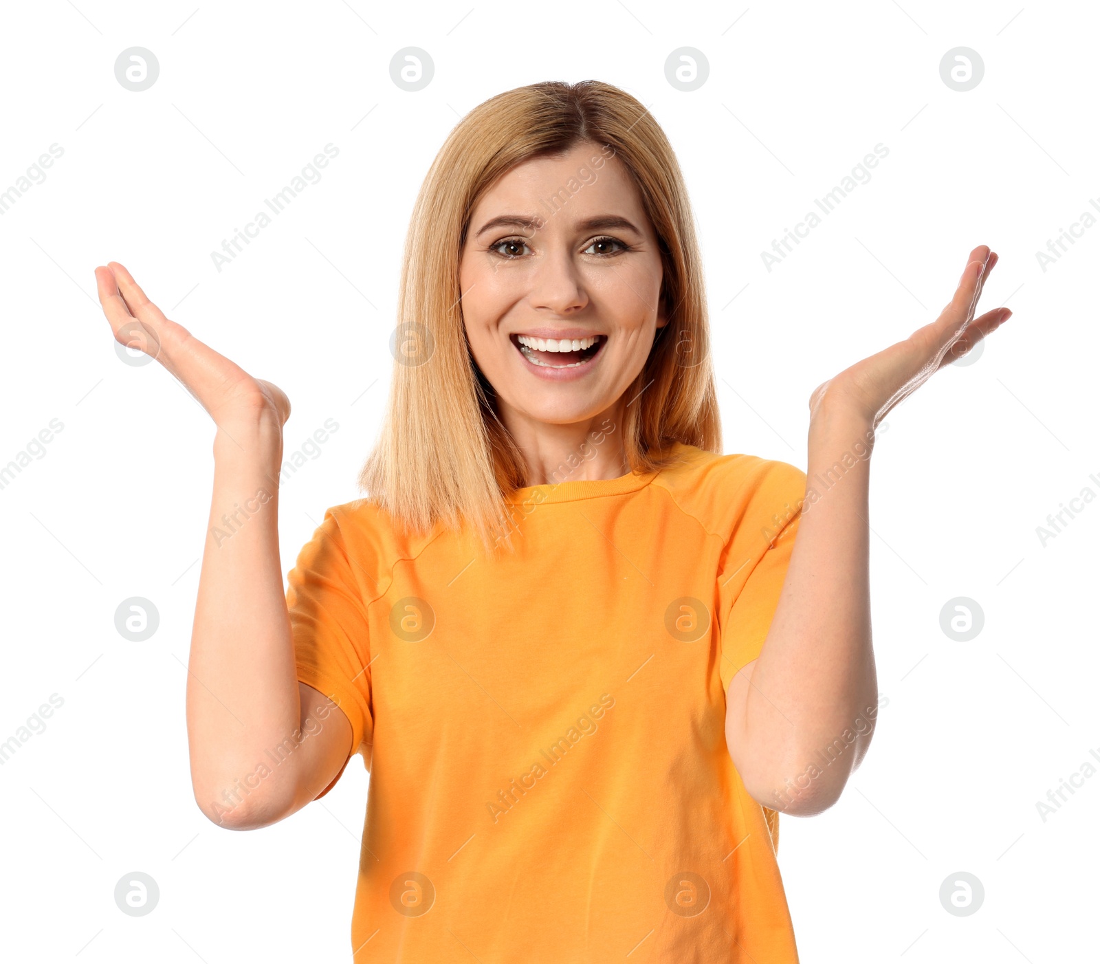 Photo of Portrait of happy beautiful woman on white background