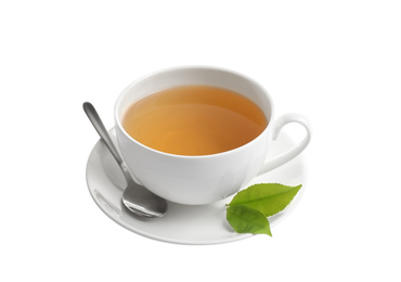 Photo of Cup of green tea and leaves isolated on white