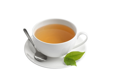 Cup of green tea and leaves isolated on white