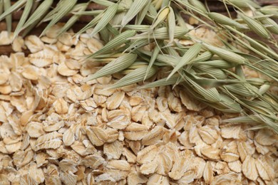 Oatmeal and branches with florets on table, closeup