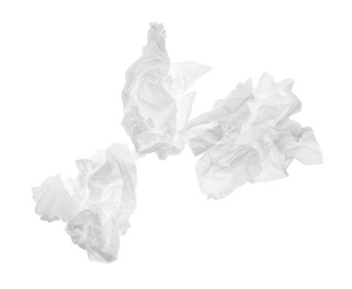 Used crumpled paper tissues isolated on white, top view