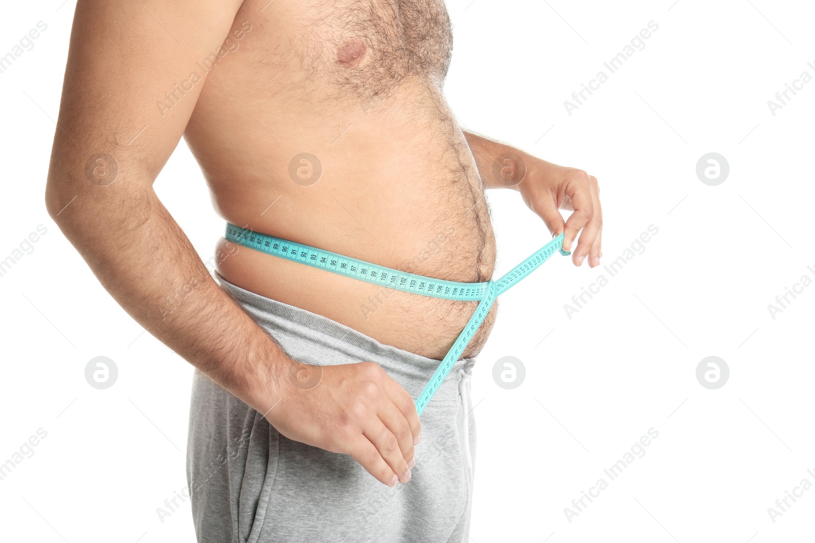 Photo of Overweight man with measuring tape on white background, closeup