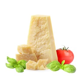 Image of Delicious parmesan cheese, tomato and basil on white background