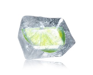 Slice of lime frozen in ice isolated on white 