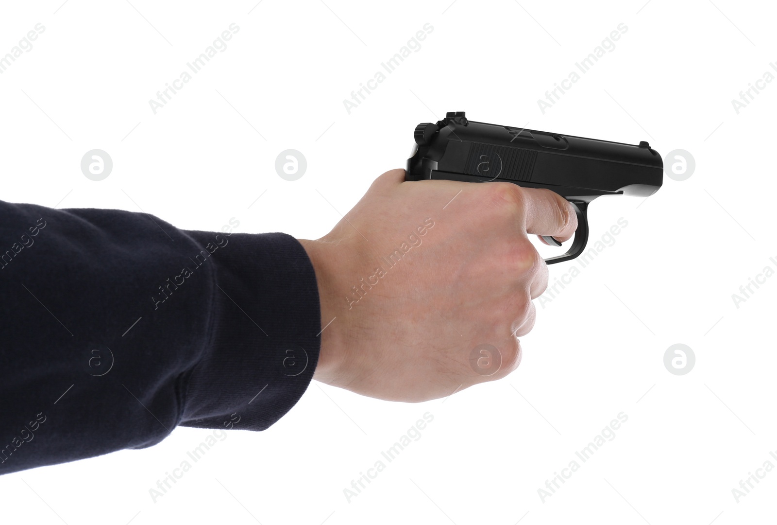 Photo of Man aiming gun on white background, closeup