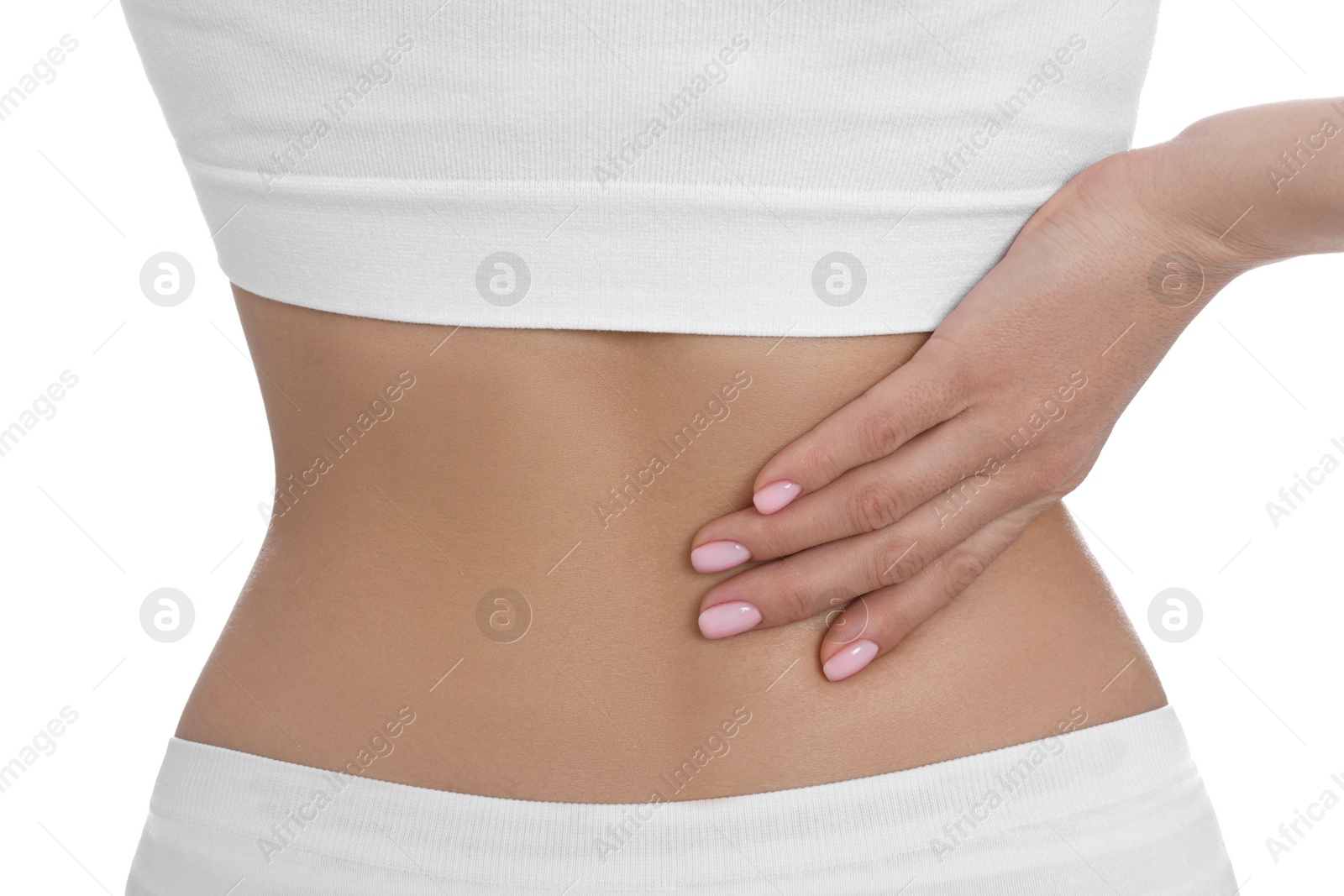 Photo of Woman suffering from pain in back on white background, closeup