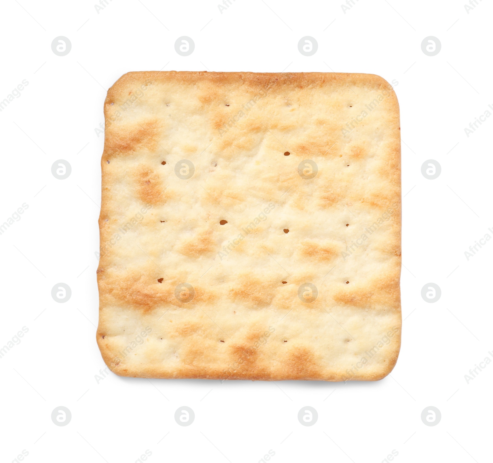 Photo of One crispy cracker isolated on white, top view. Delicious snack