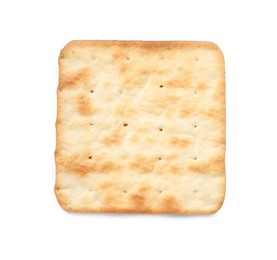 Photo of One crispy cracker isolated on white, top view. Delicious snack