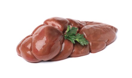 Photo of Fresh raw kidney meat with parsley isolated on white