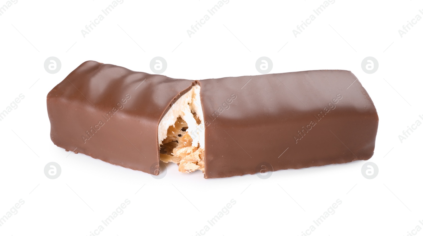 Photo of Tasty chocolate bar with nougat and nuts isolated on white