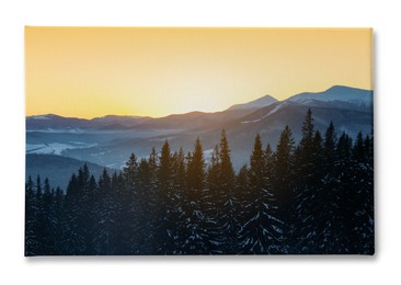 Image of Photo printed on canvas, white background. Beautiful mountain landscape with forest in winter
