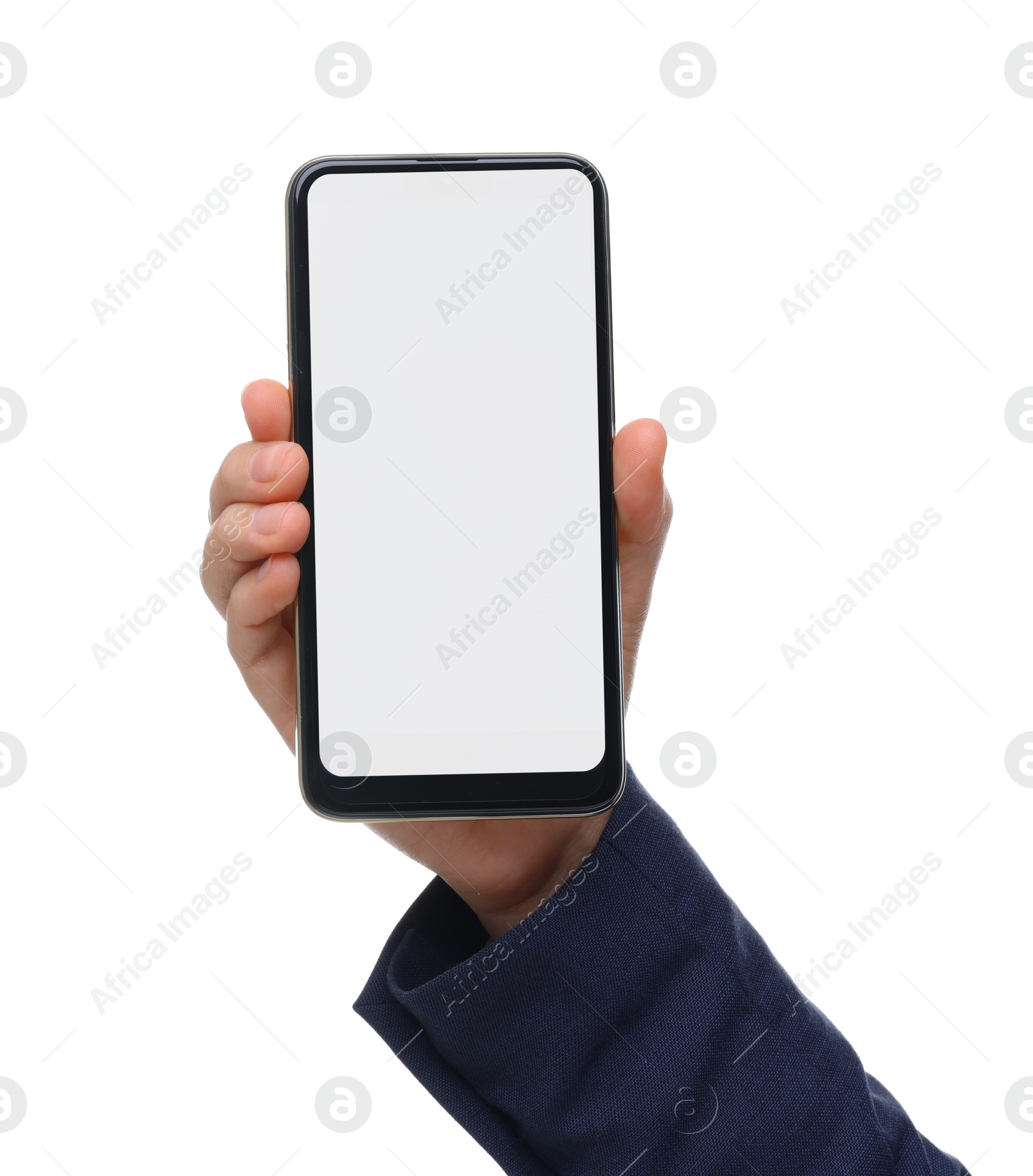 Photo of Woman holding smartphone with blank screen on white background, closeup. Mockup for design