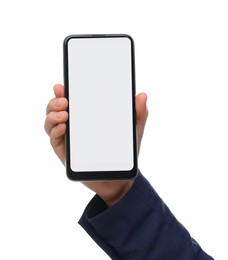 Photo of Woman holding smartphone with blank screen on white background, closeup. Mockup for design