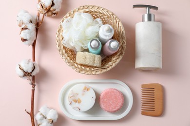 Photo of Bath accessories. Flat lay composition with personal care products on pink background
