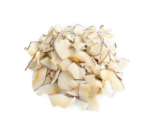 Photo of Pile of coconut chips isolated on white, top view