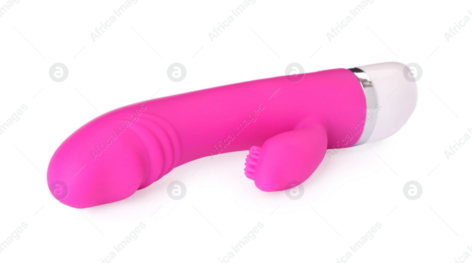 Photo of Pink vibrator on white background. Sex toy