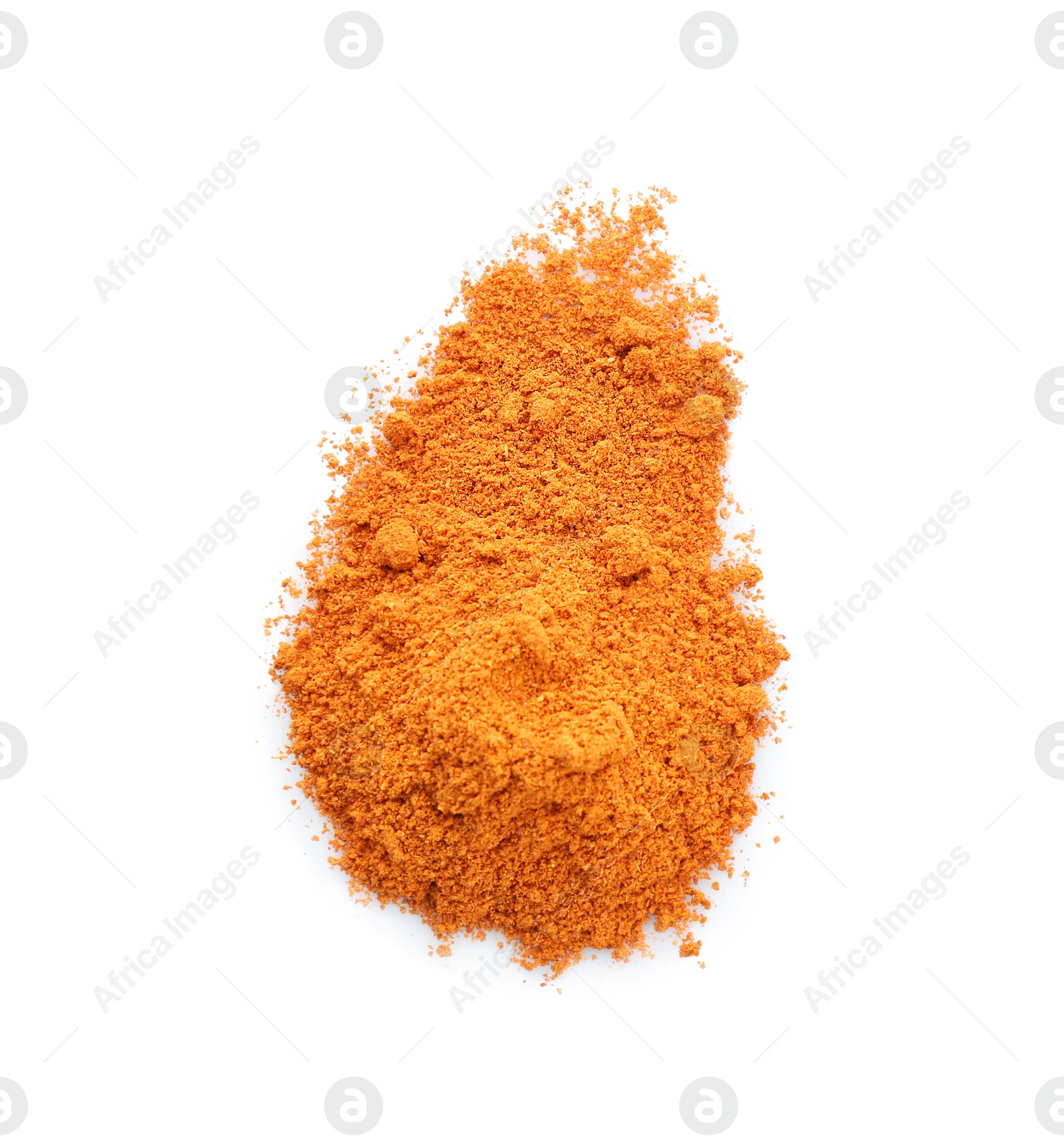 Photo of Heap of red pepper powder on white background, top view