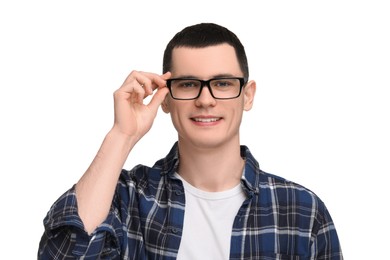 Young man with glasses on white background