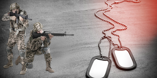 Soldiers with machine guns and military ID tags on color background, banner design 
