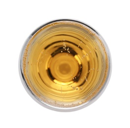 Photo of Glass of champagne on white background, top view. Festive drink