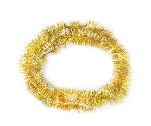 Photo of Shiny golden tinsel isolated on white, top view