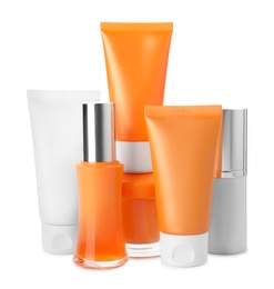 Set of luxury cosmetic products on white background