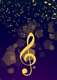 Music notes flying over golden treble clef on blue background, bokeh effect. Beautiful illustration design