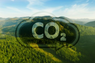 Image of Concept of clear air. CO2 inscription in illustration of cloud with arrow and beautiful mountain landscape