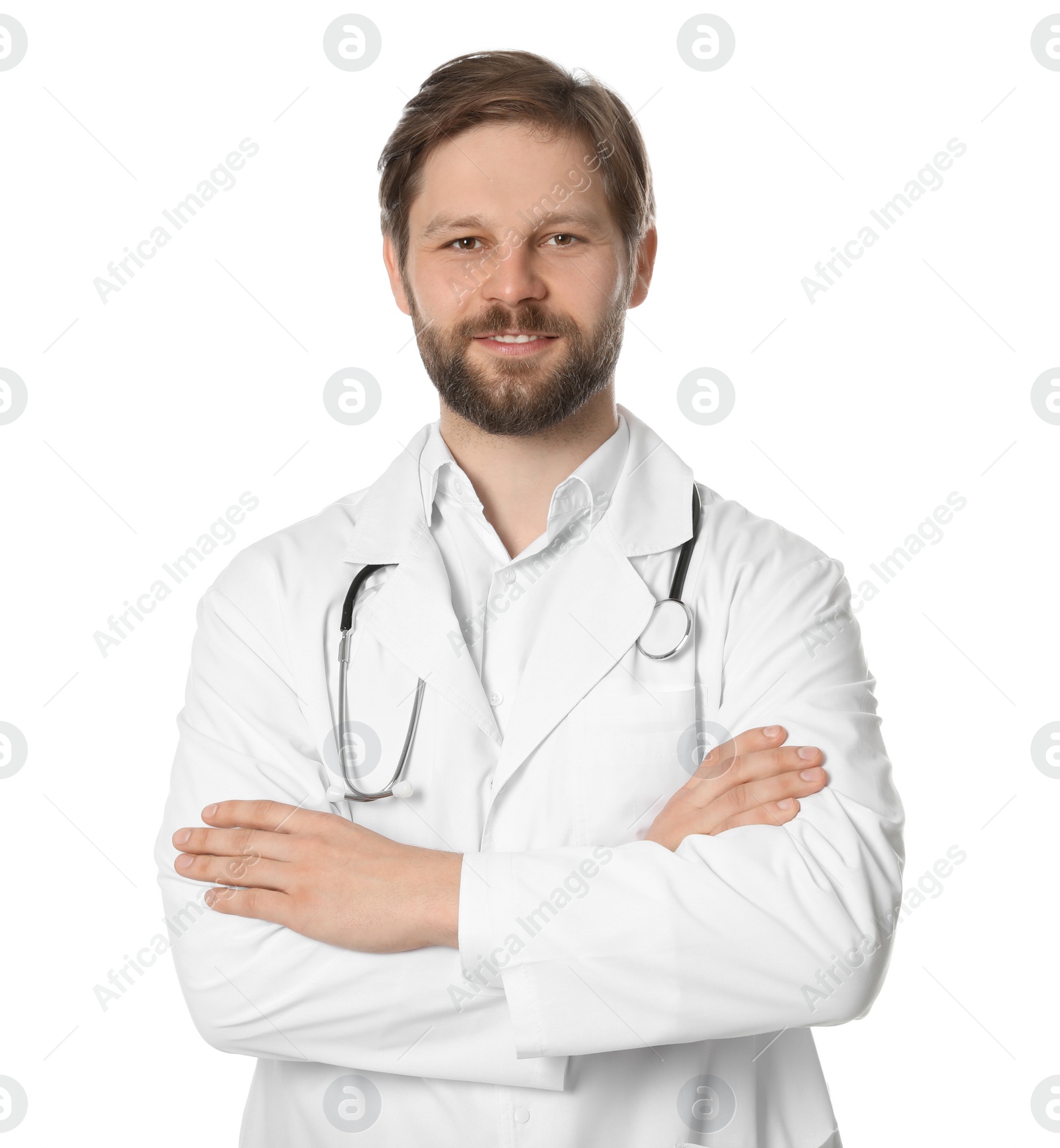 Photo of Doctor or medical assistant (male nurse) in uniform with stethoscope on white background