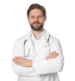 Doctor or medical assistant (male nurse) in uniform with stethoscope on white background