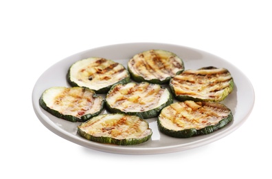 Photo of Plate of grilled zucchini slices on white background