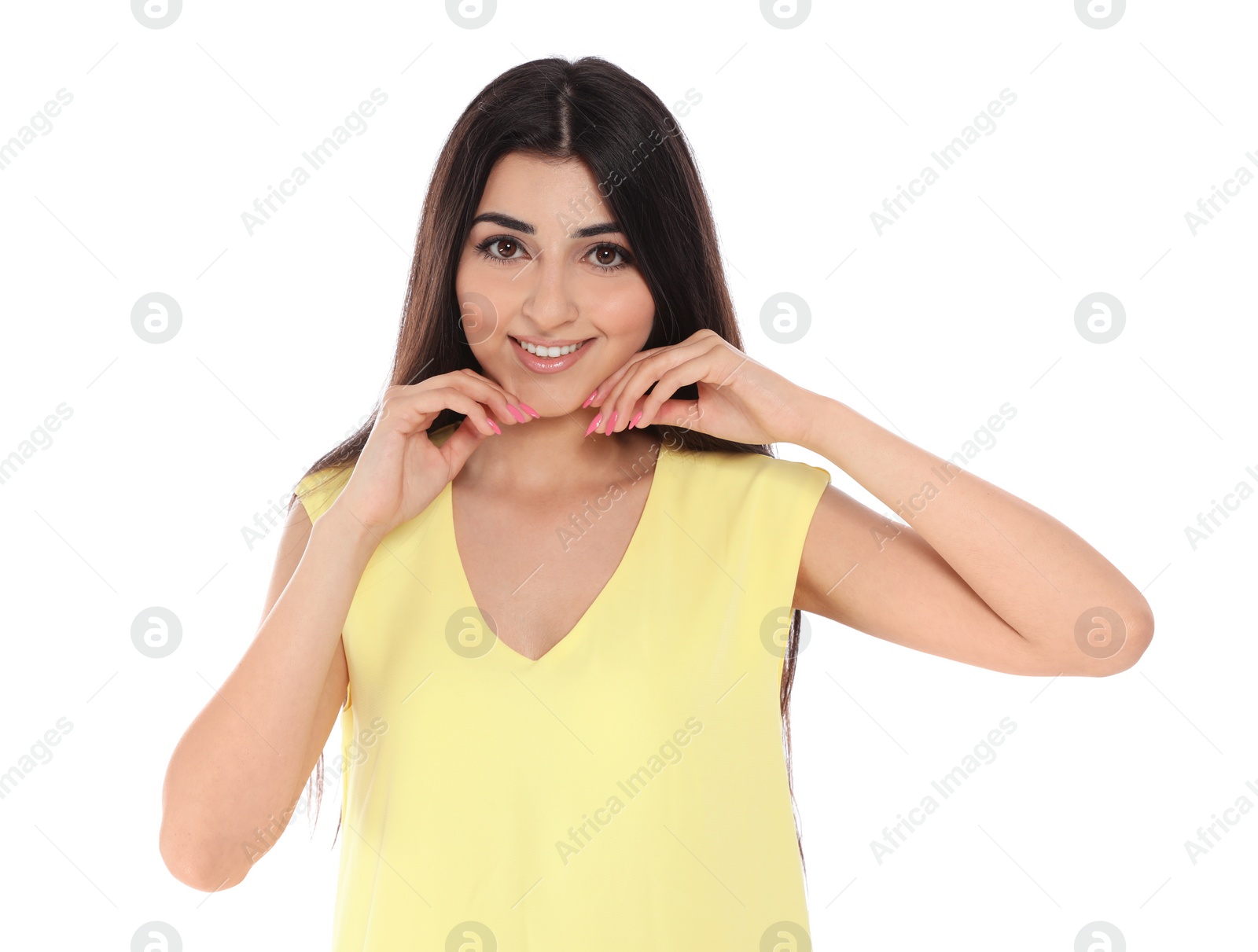 Photo of Portrait of beautiful brunette woman on white background