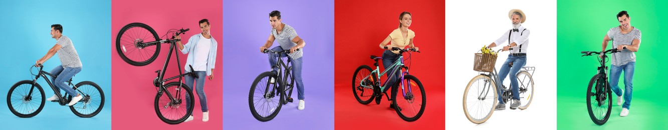 Image of Collage with photos of people with bicycles on different color backgrounds