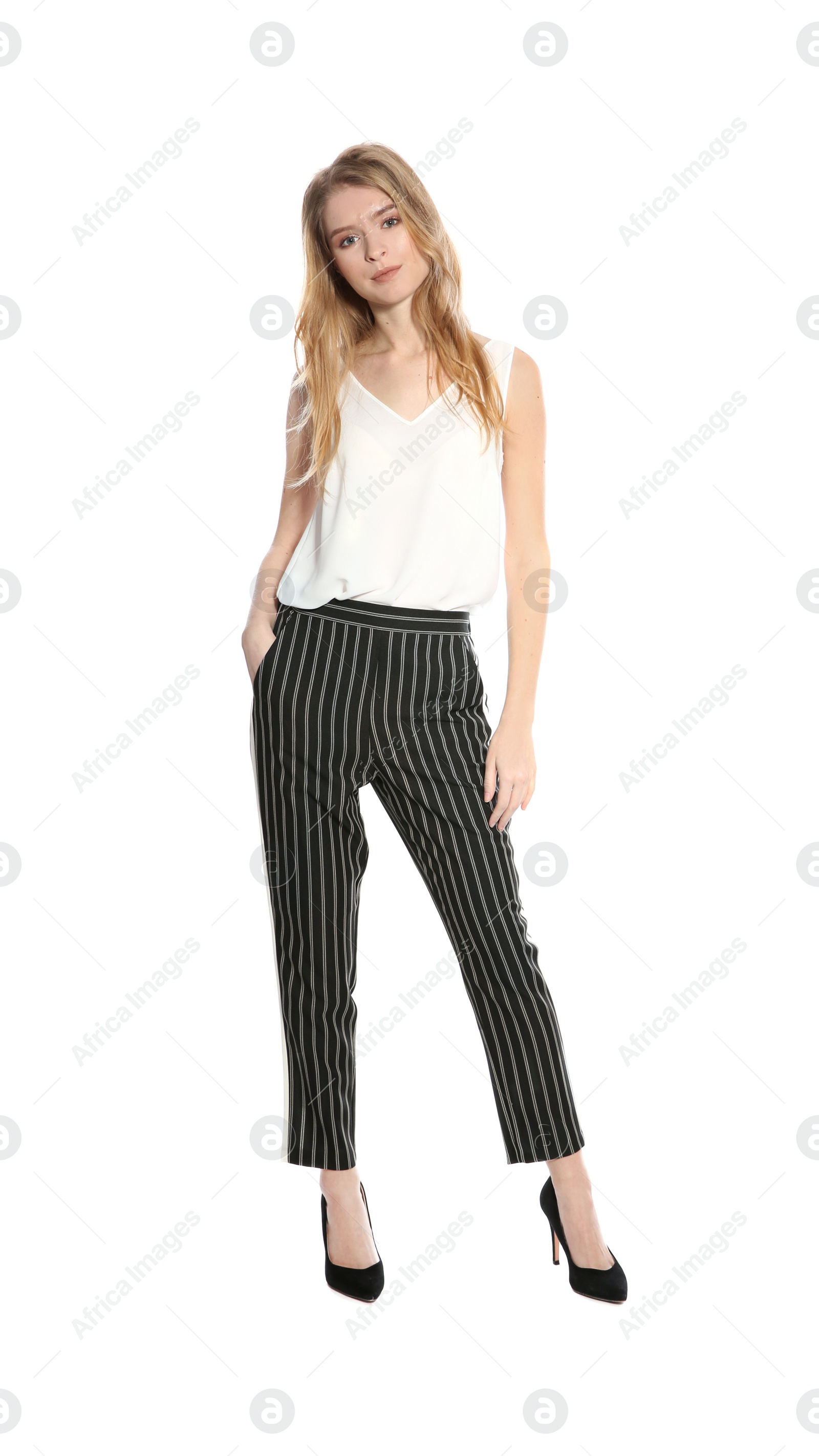 Photo of Portrait of beautiful young woman on white background