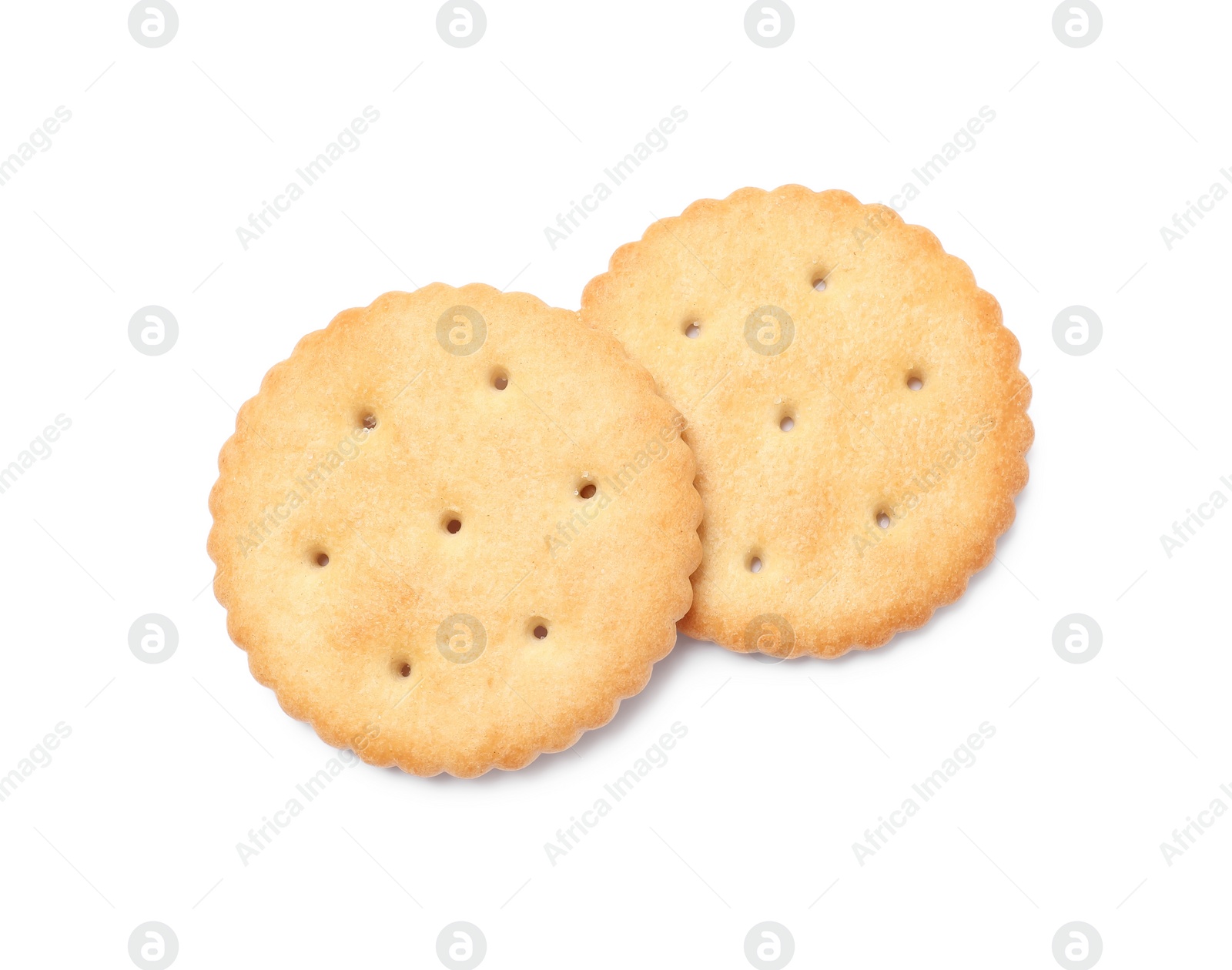 Photo of Two crispy crackers isolated on white, top view. Delicious snack