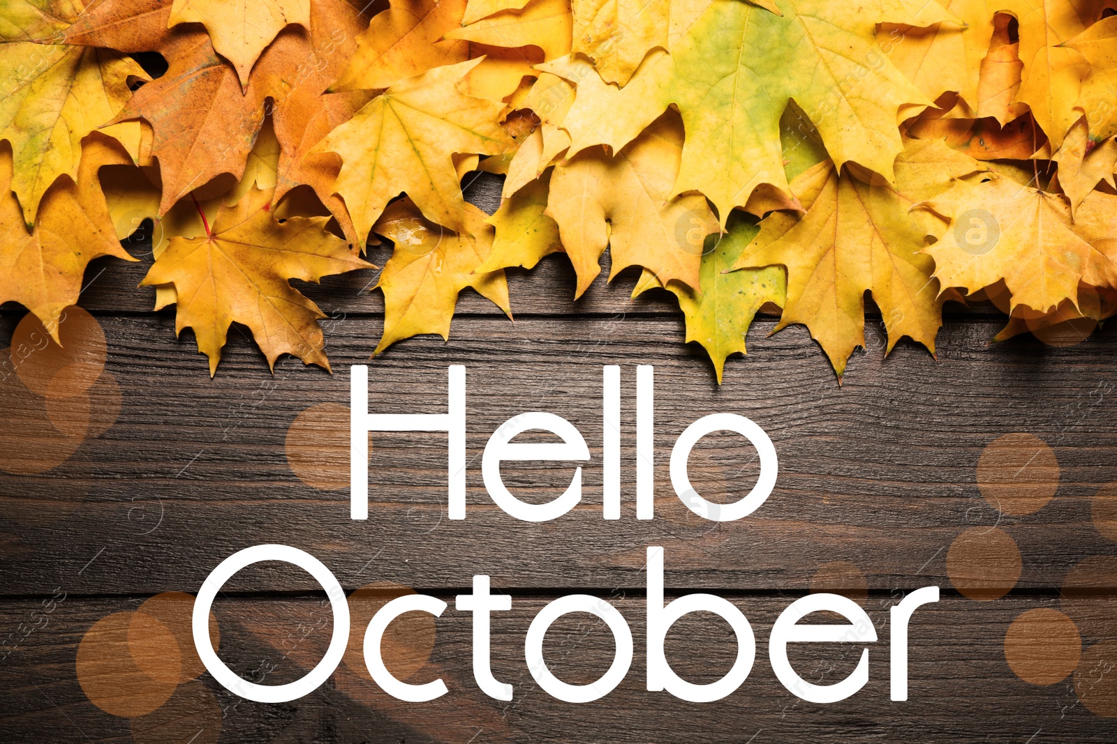 Image of Text Hello October and autumn leaves on wooden background with blurred lights, top view