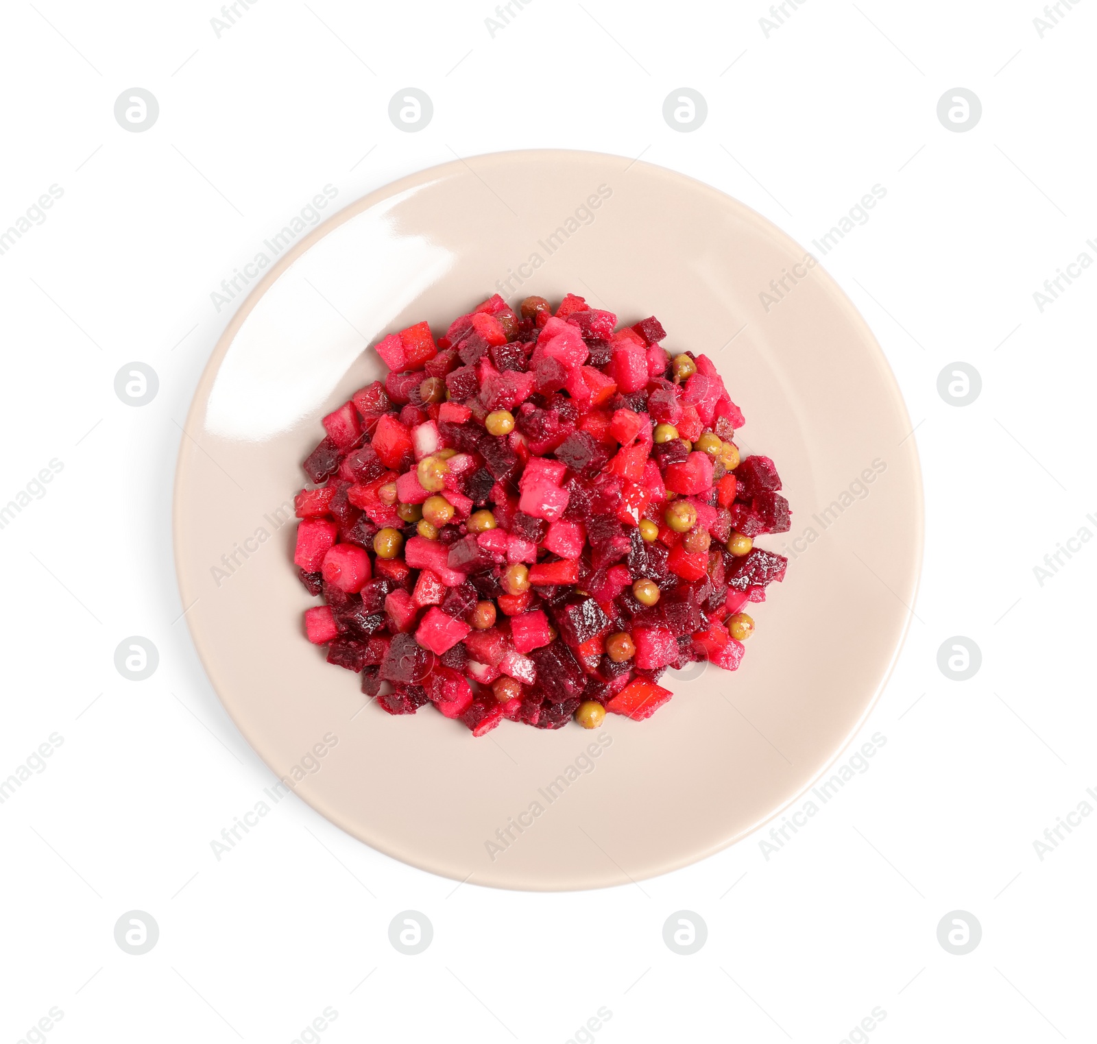 Photo of Plate with traditional Russian salad vinaigrette isolated on white, top view