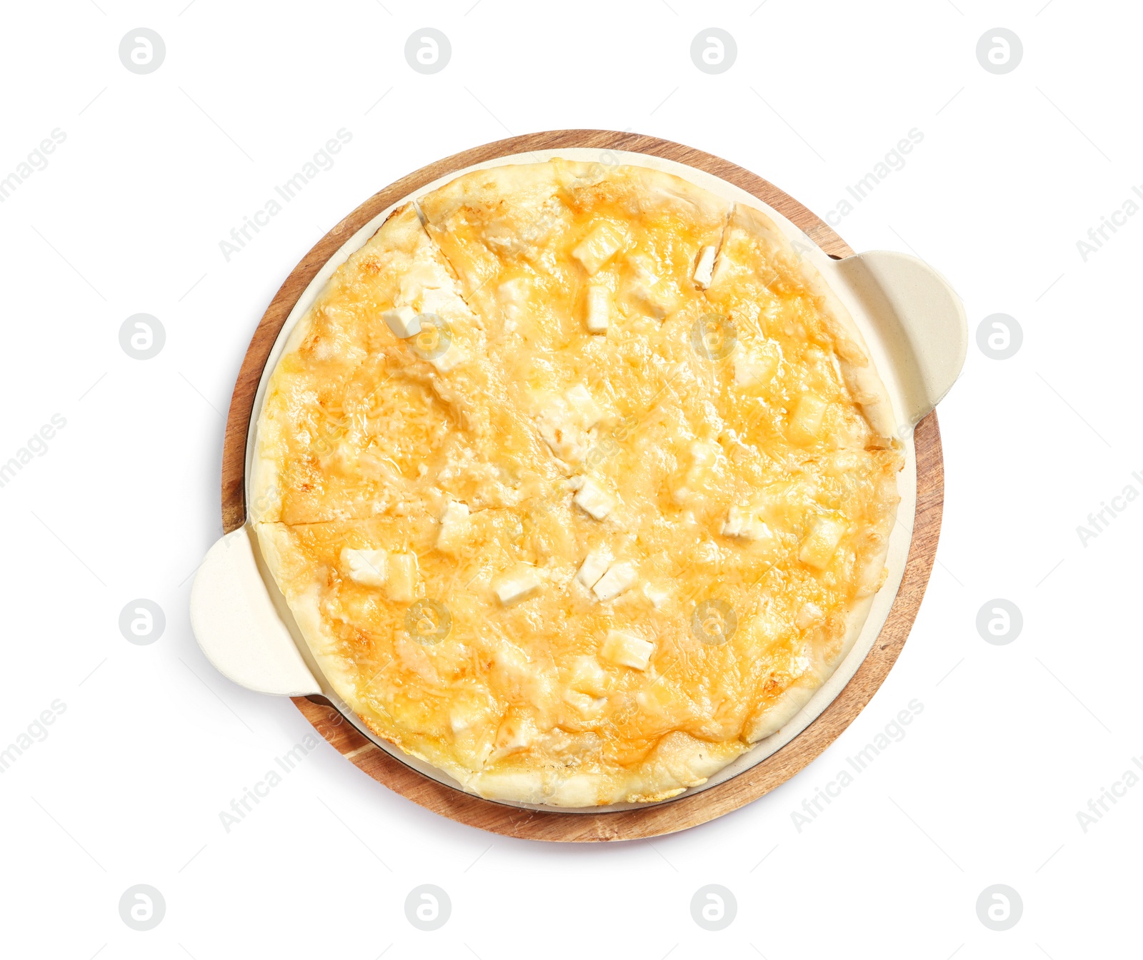 Photo of Tasty homemade pizza on white background, top view